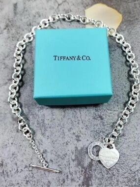 Tiffany & Co. Silver Heart Tag Toggle Necklace with Blue Box